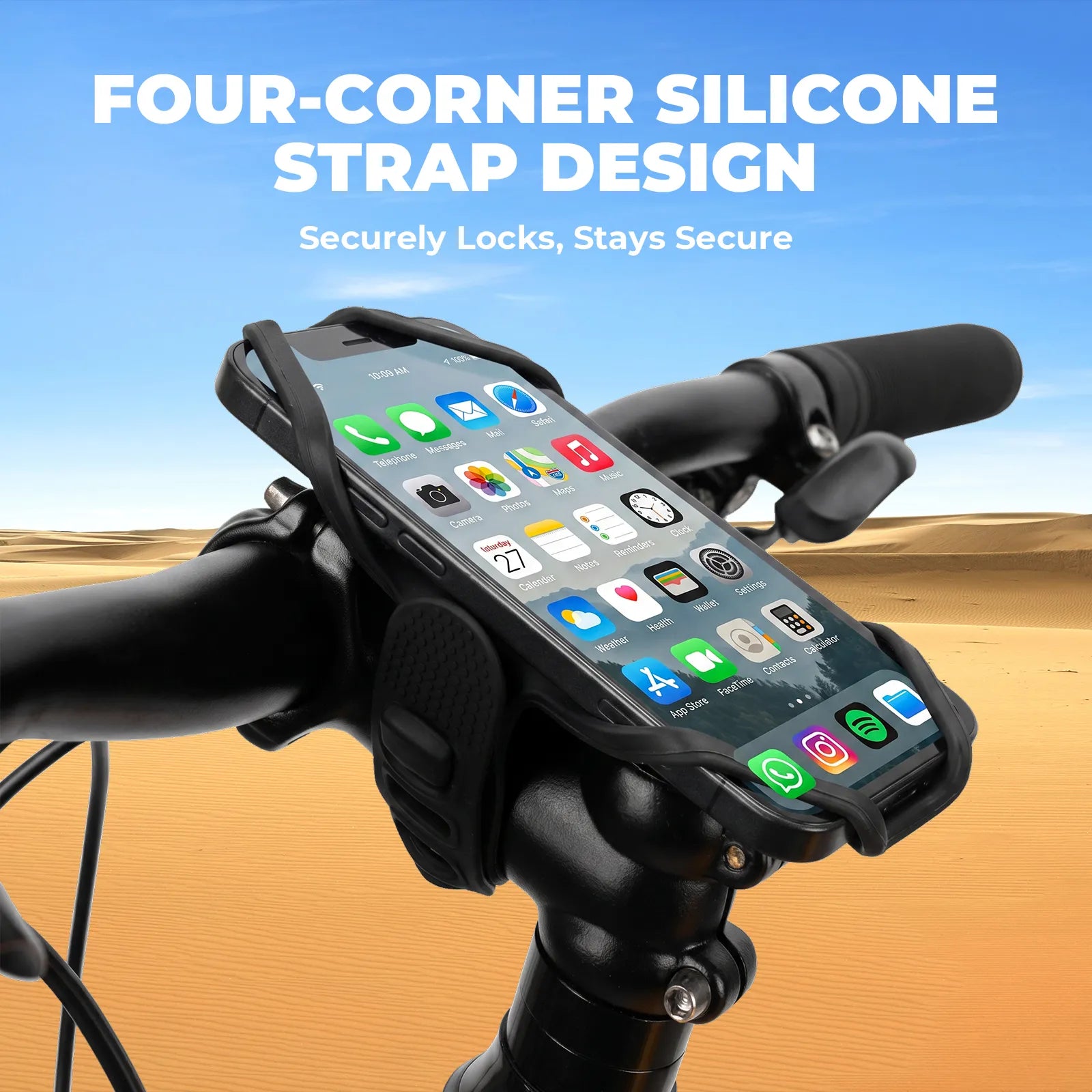 ROCKBROS universal silicone bike phone mount with a secure four-corner grip for road, mountain, gravel, and commuter bikes