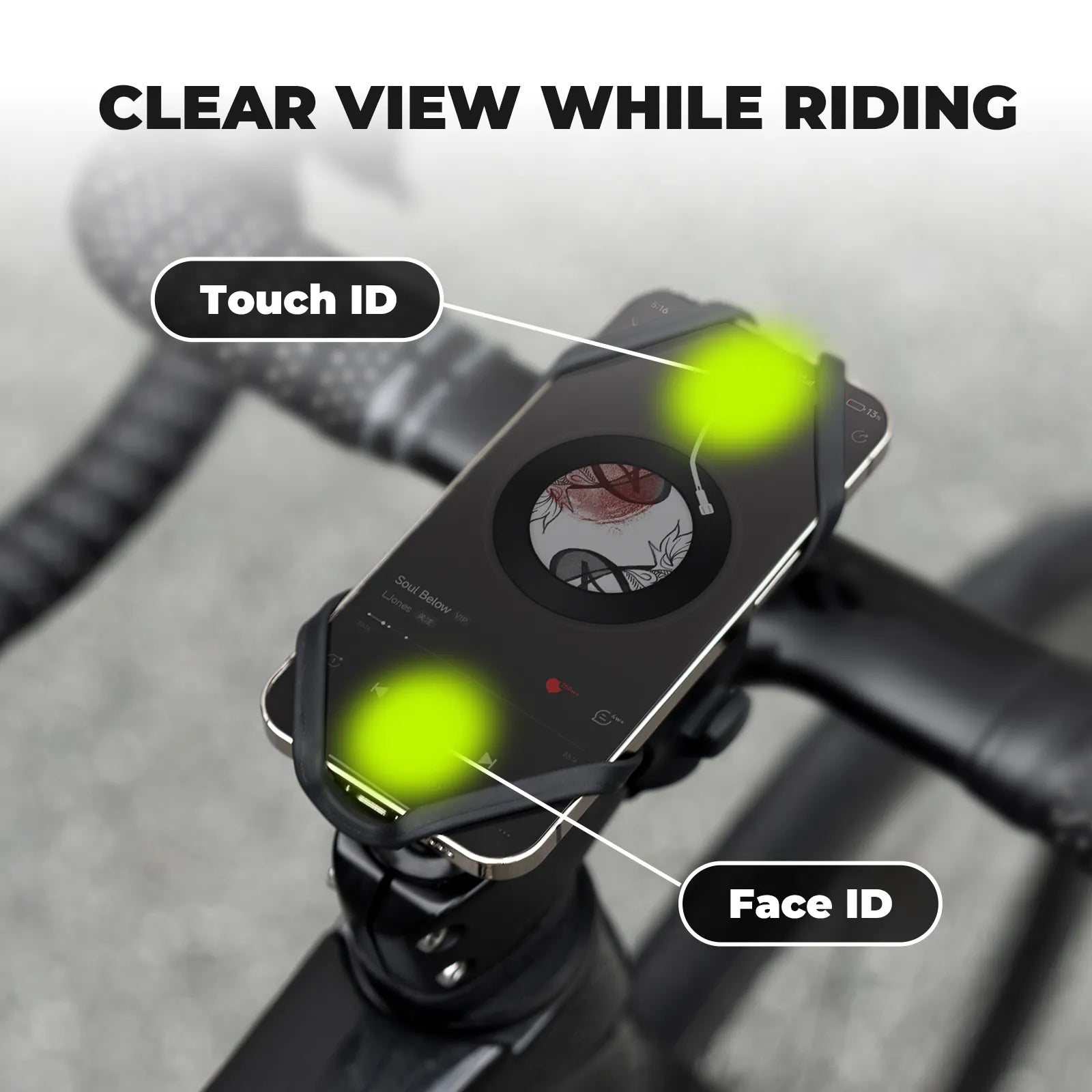 ROCKBROS universal silicone bike phone mount with a secure four-corner grip for road, mountain, gravel, and commuter bikes