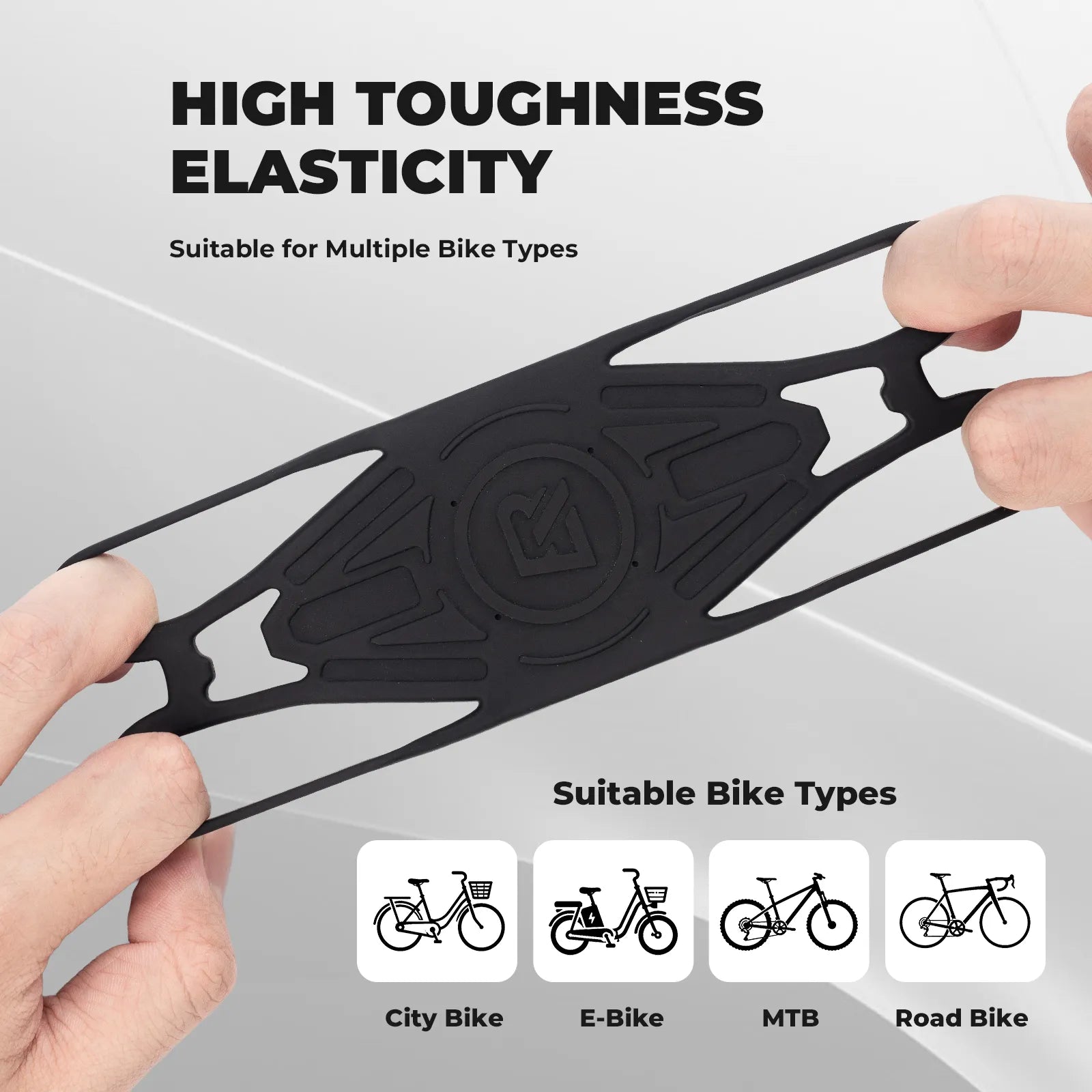 ROCKBROS universal silicone bike phone mount with a secure four-corner grip for road, mountain, gravel, and commuter bikes