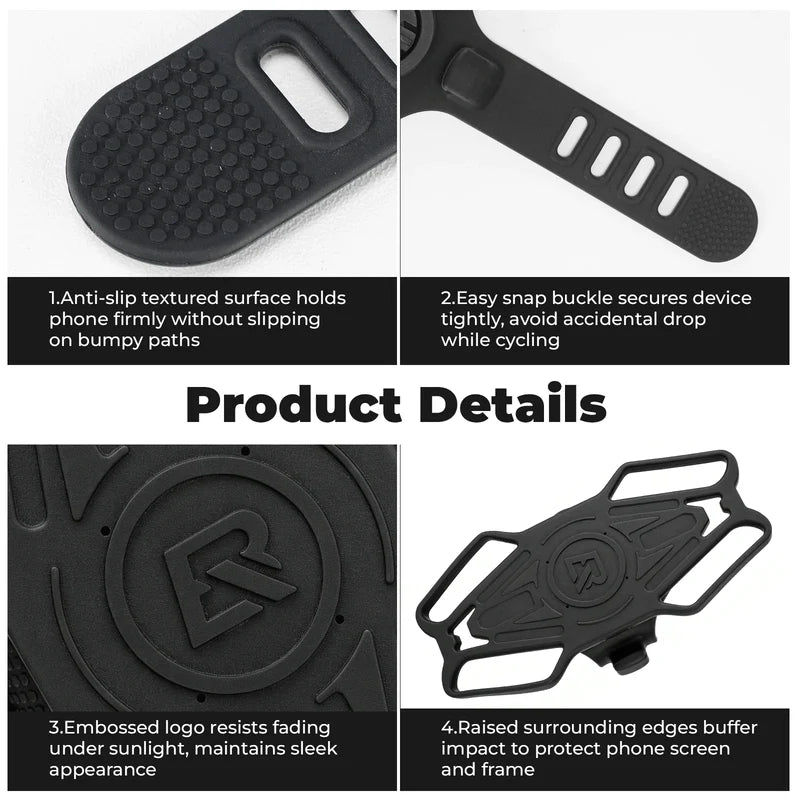 ROCKBROS universal silicone bike phone mount with four-corner grip design for secure smartphone mounting on handlebars