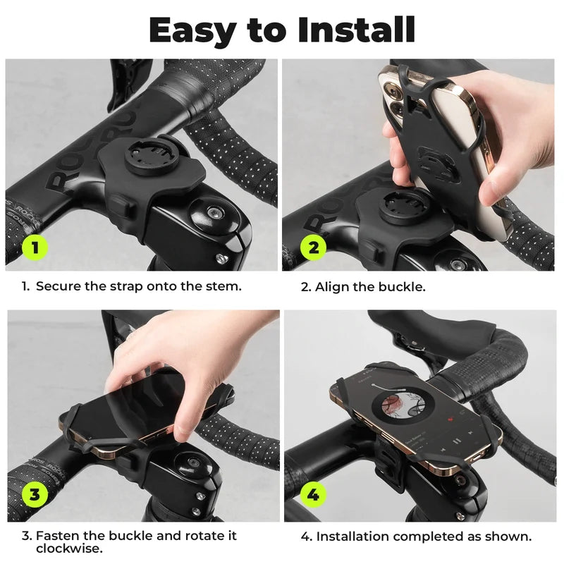 ROCKBROS universal silicone bike phone mount with four-corner grip design for secure smartphone mounting on handlebars