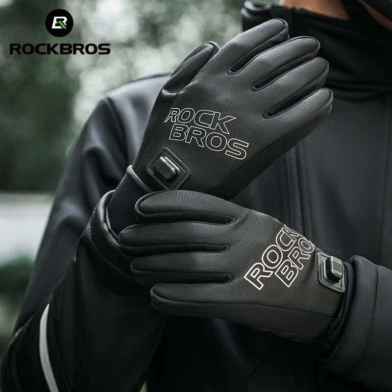 ROCKBROS heated gloves for cold weather riding with fleece lining and touchscreen fingertips