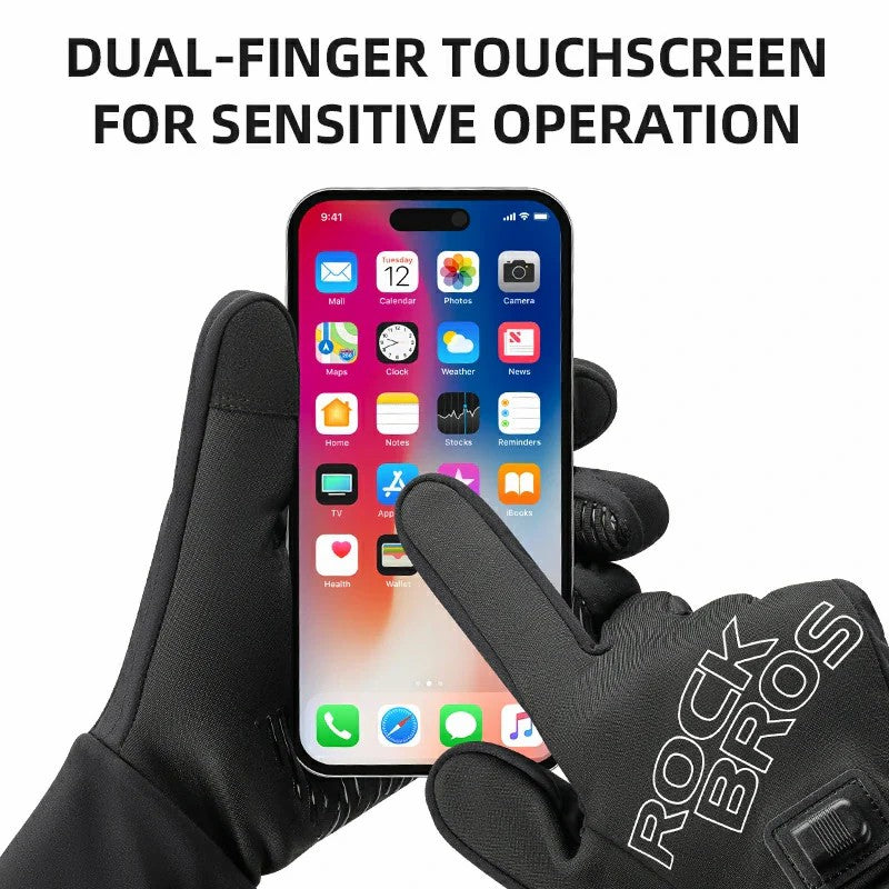 ROCKBROS heated gloves for cold weather riding with fleece lining and touchscreen fingertips