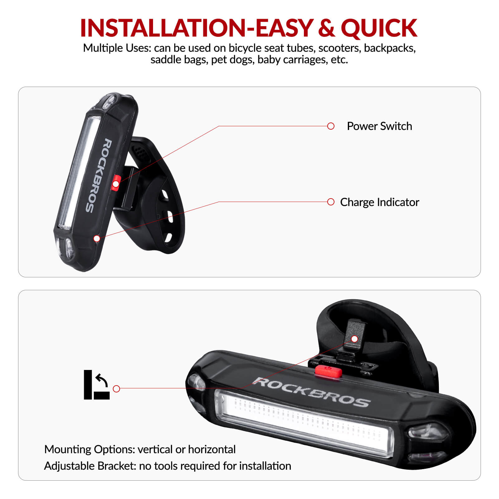 ROCKBROS USB rechargeable bike tail light with 7 modes for high-visibility rear safety