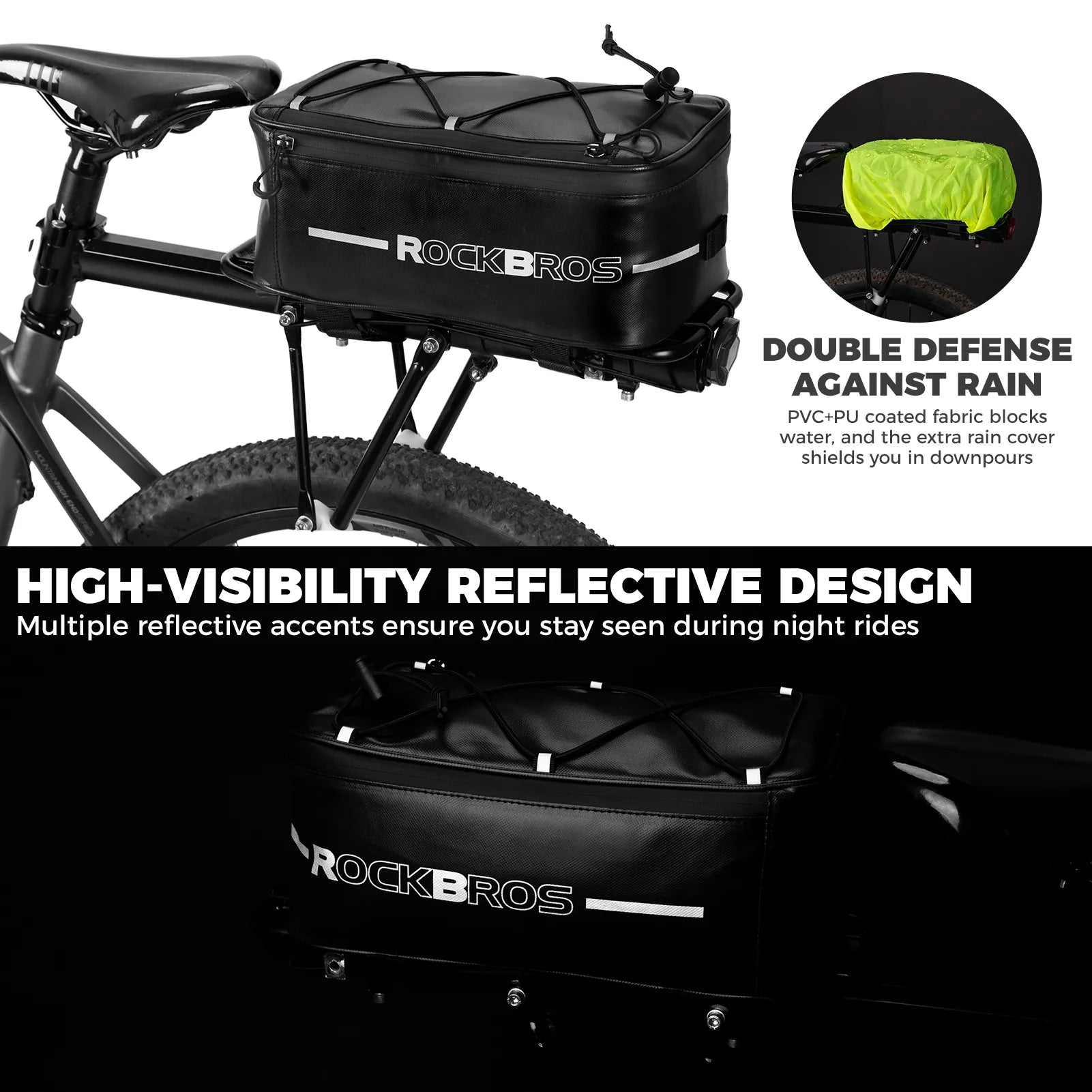 ROCKBROS waterproof bike rear trunk bag with rain cover and reflective stripes