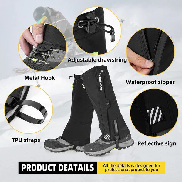 ROCKBROS Waterproof Leg Gaiters for hiking, skiing, and outdoor activities, protecting legs from water, mud, and debris