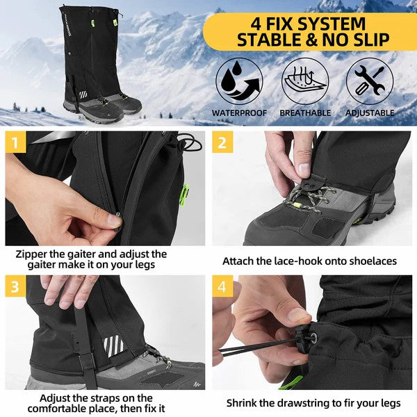 ROCKBROS Waterproof Leg Gaiters for hiking, skiing, and outdoor activities, protecting legs from water, mud, and debris