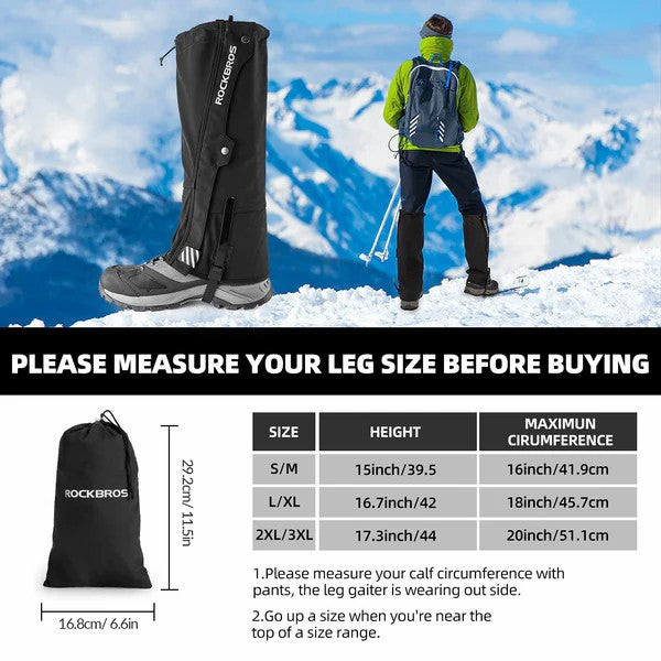 ROCKBROS Waterproof Leg Gaiters for hiking, skiing, and outdoor activities, protecting legs from water, mud, and debris