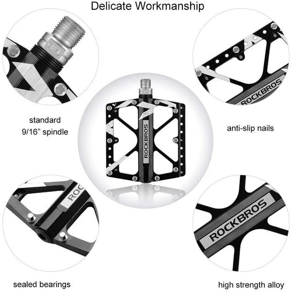 ROCKBROS Wide Aluminum Alloy MTB Pedals with Anti-Slip Pins, Sealed Bearings, and 9/16 Inch Spindle