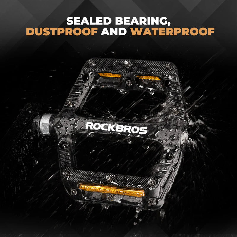 ROCKBROS wide nylon flat bike pedals with anti-slip grip and sealed bearings for MTB cycling