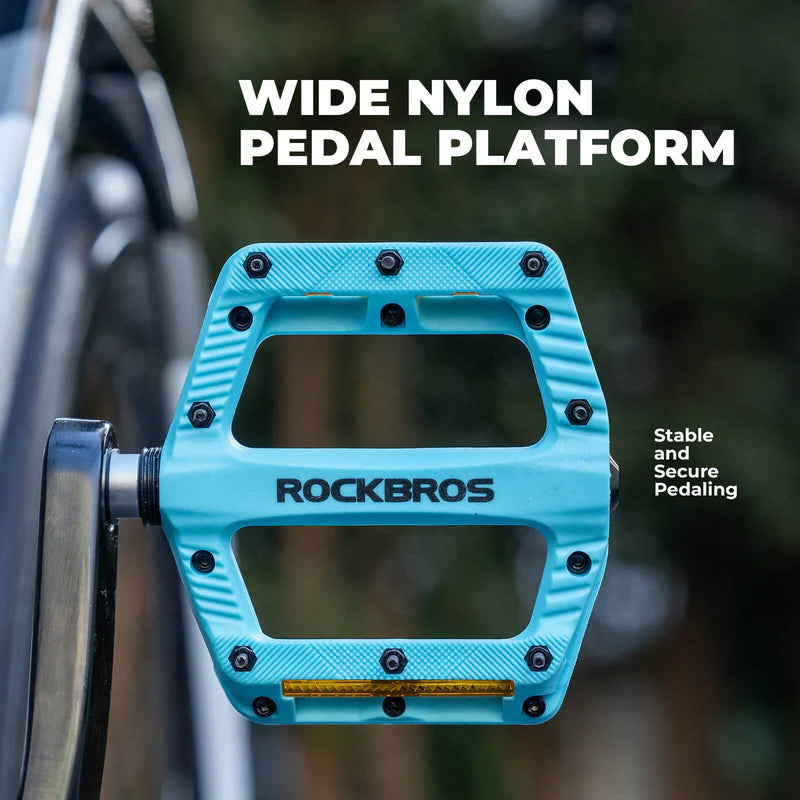 ROCKBROS wide nylon flat bike pedals with anti-slip grip and sealed bearings for MTB cycling
#Color_Blue
