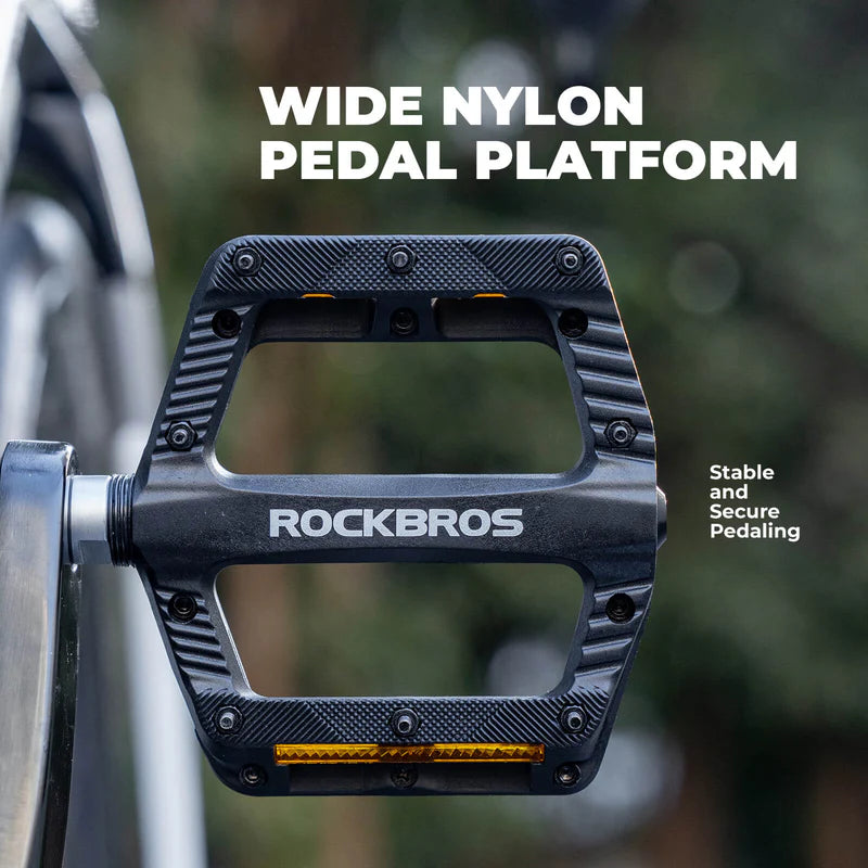 ROCKBROS wide nylon flat bike pedals with anti-slip grip and sealed bearings for MTB cycling
#Color_Black