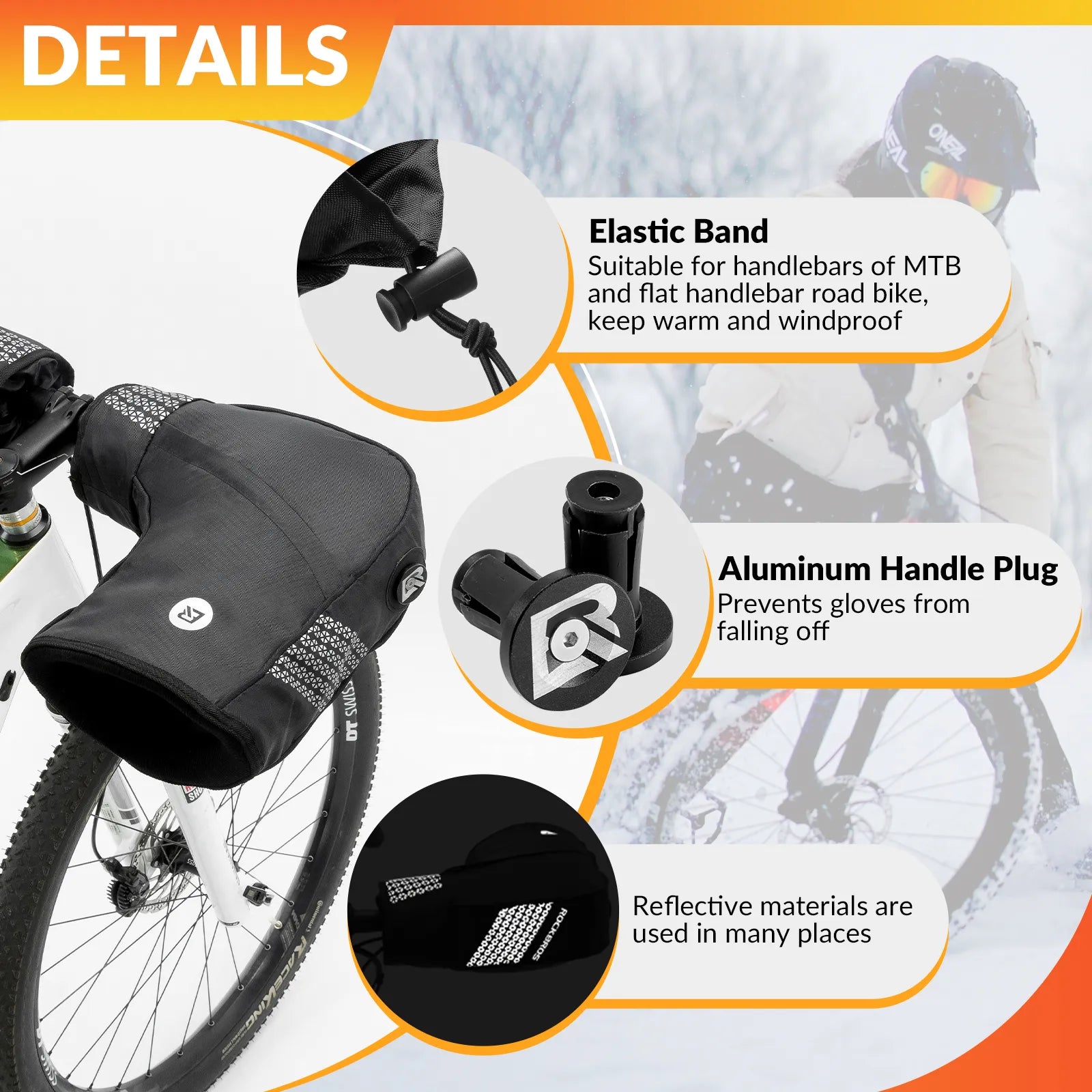 ROCKBROS windproof bike bar mitts with thermal fleece for cold weather cycling
