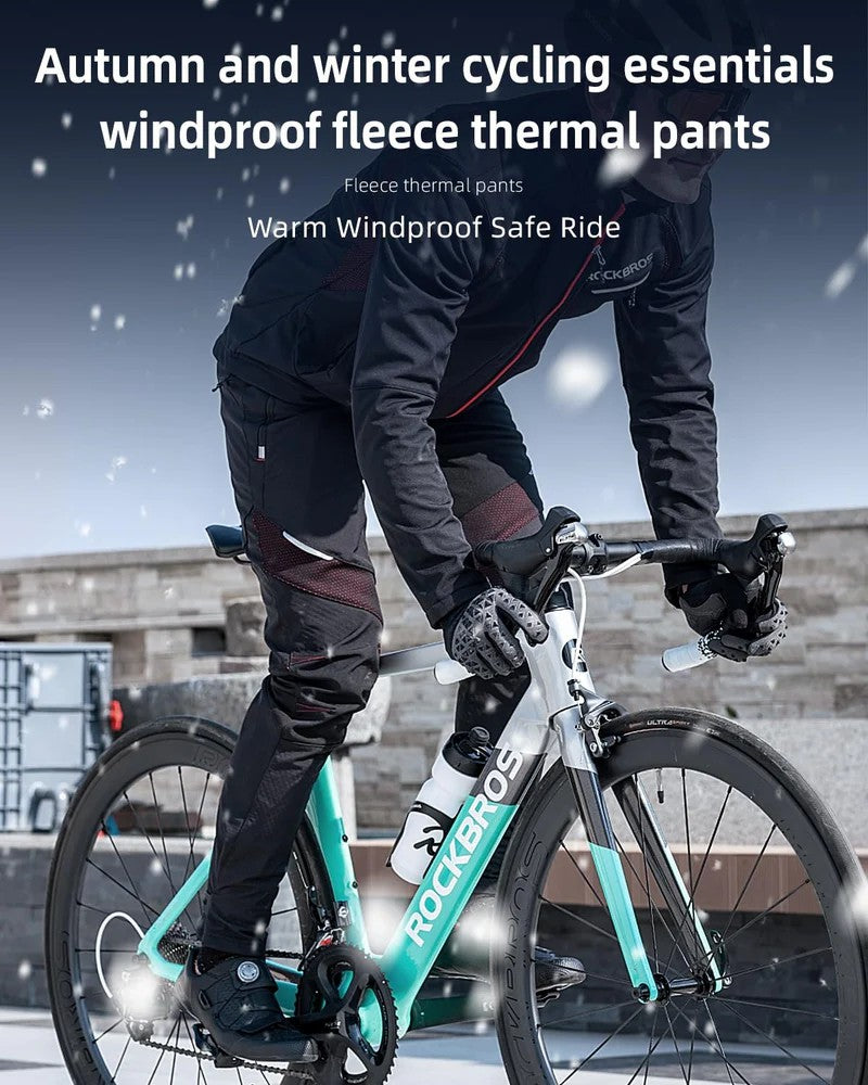 ROCKBROS Winter Cycling Pants for Men, warm, windproof, thermal black bicycling pants with ergonomic design