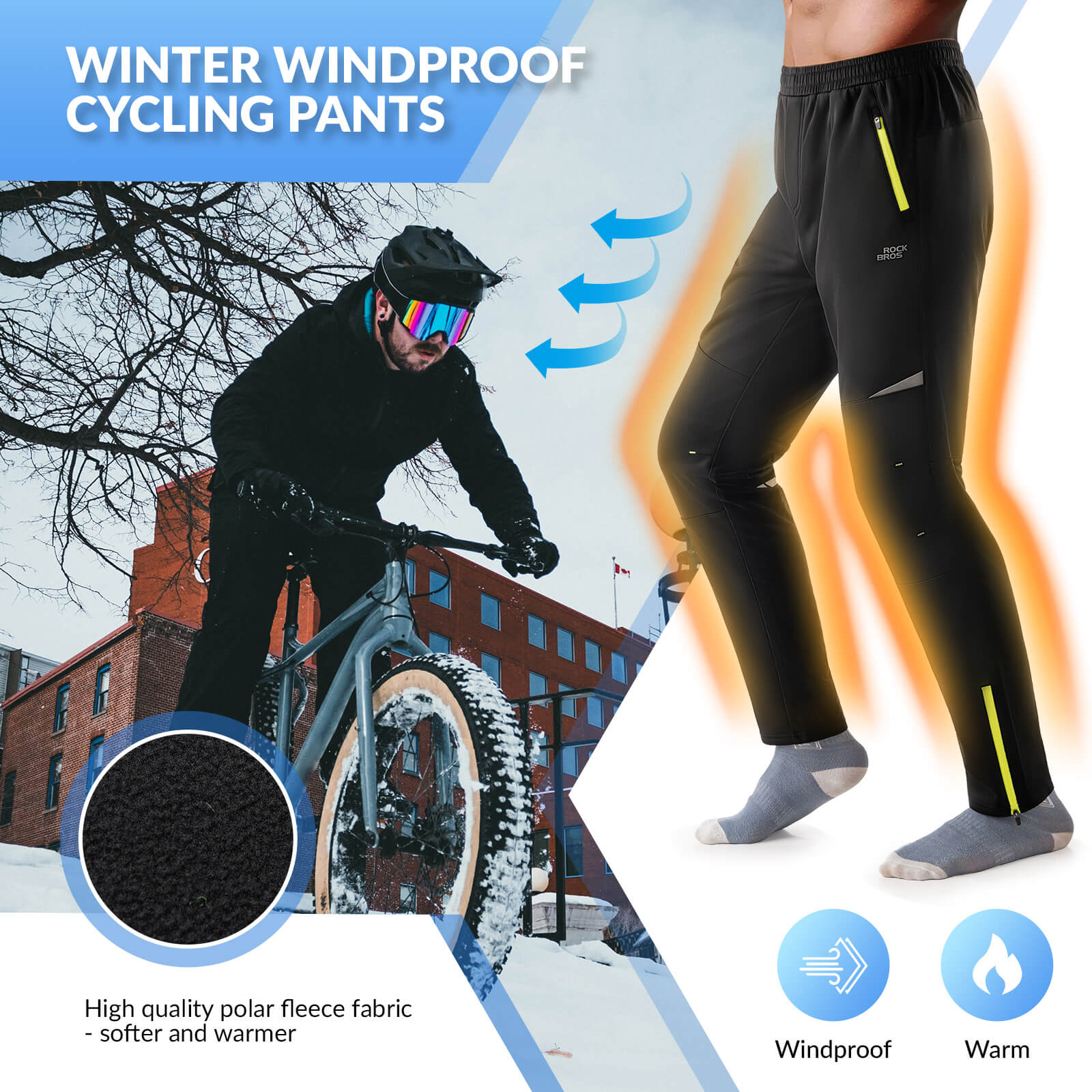 ROCKBROS winter cycling pants thermal fleece windproof for cold weather outdoor sports