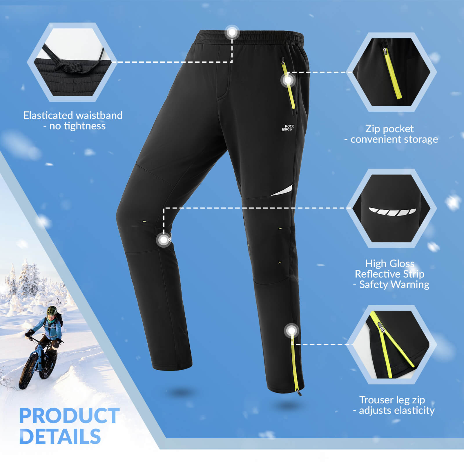 ROCKBROS winter cycling pants thermal fleece windproof for cold weather outdoor sports