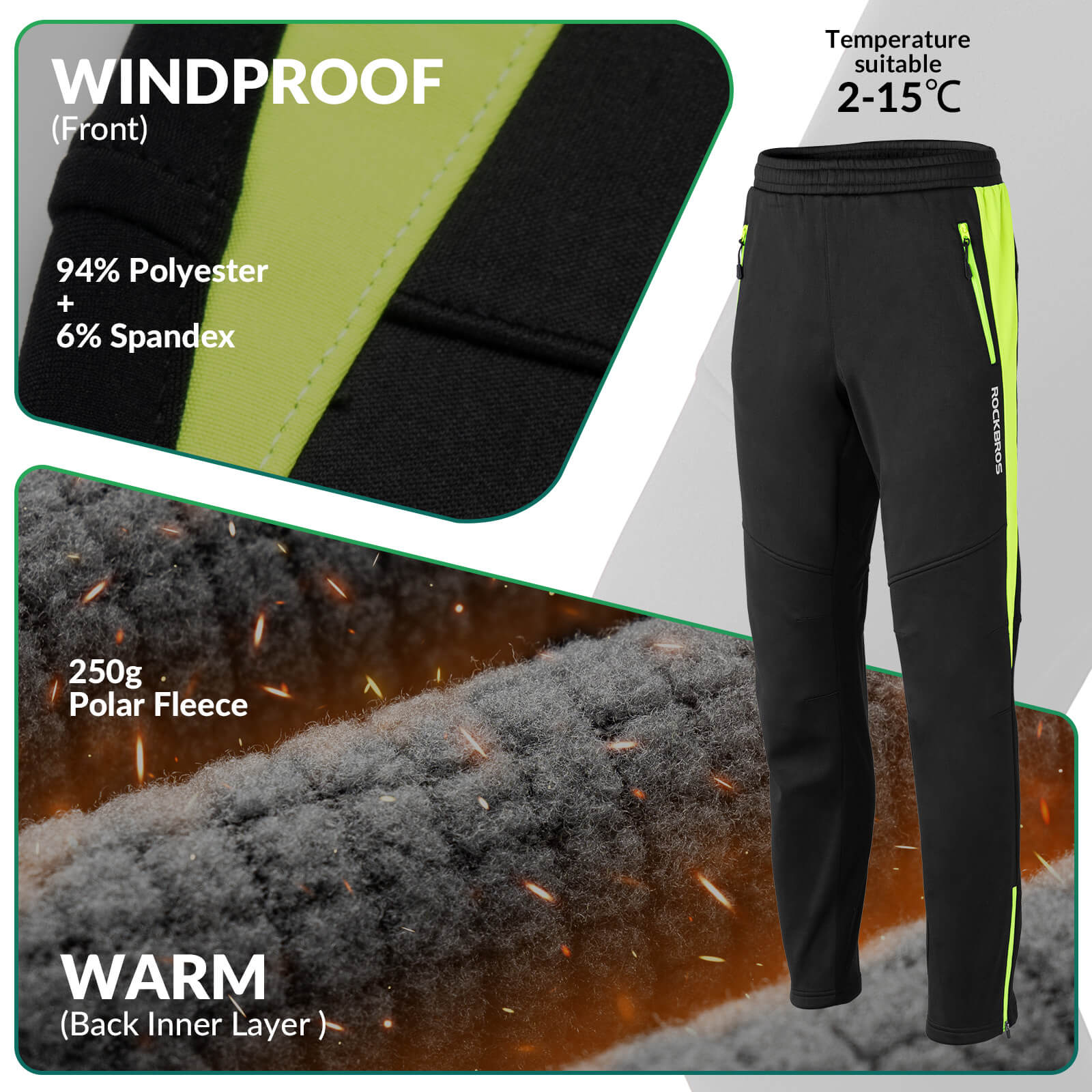 ROCKBROS Winter Cycling Pants with Windproof Fleece for Cold Weather Outdoor Cycling