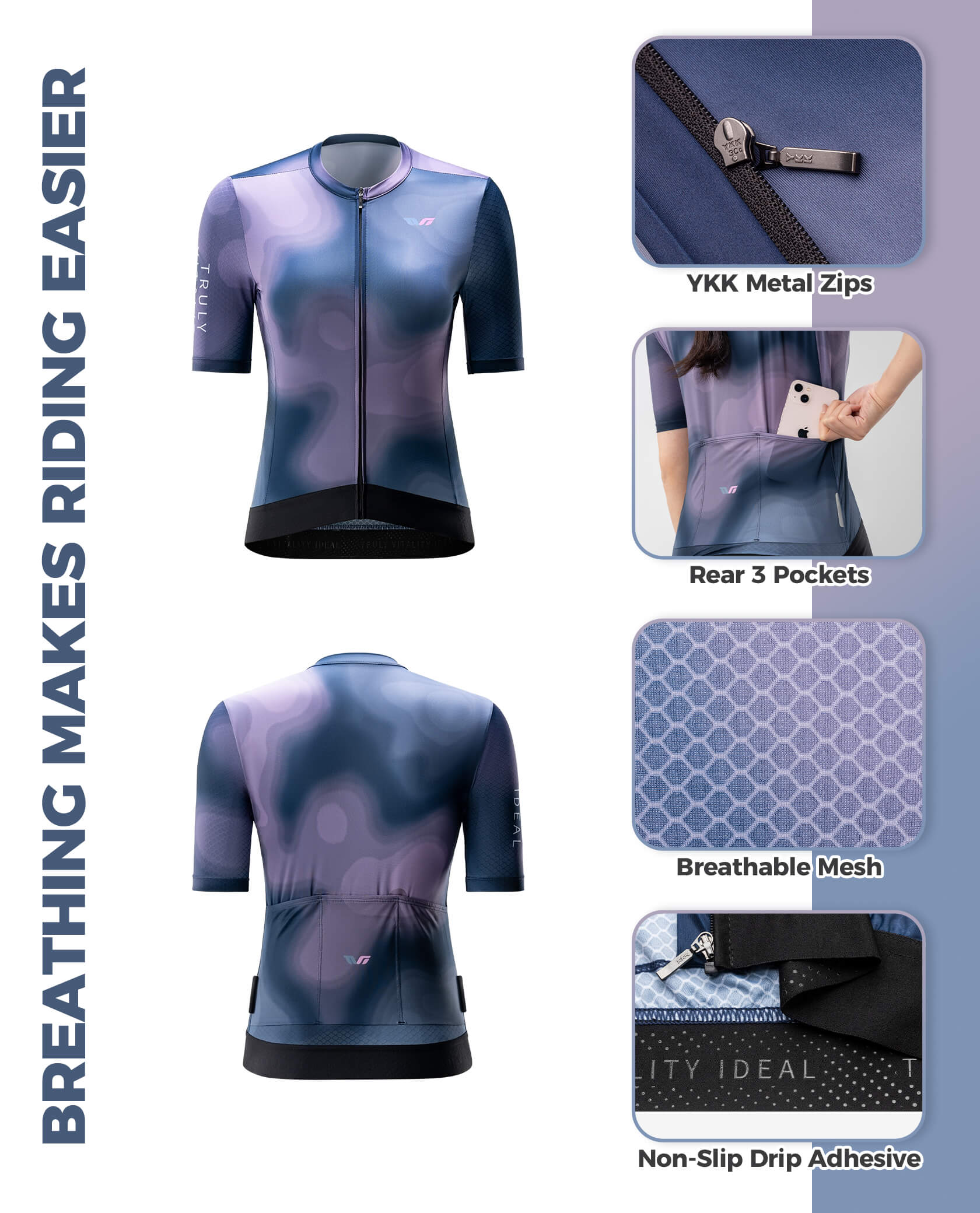 ROCKBROS women’s short-sleeve cycling jersey with blue to purple gradient design