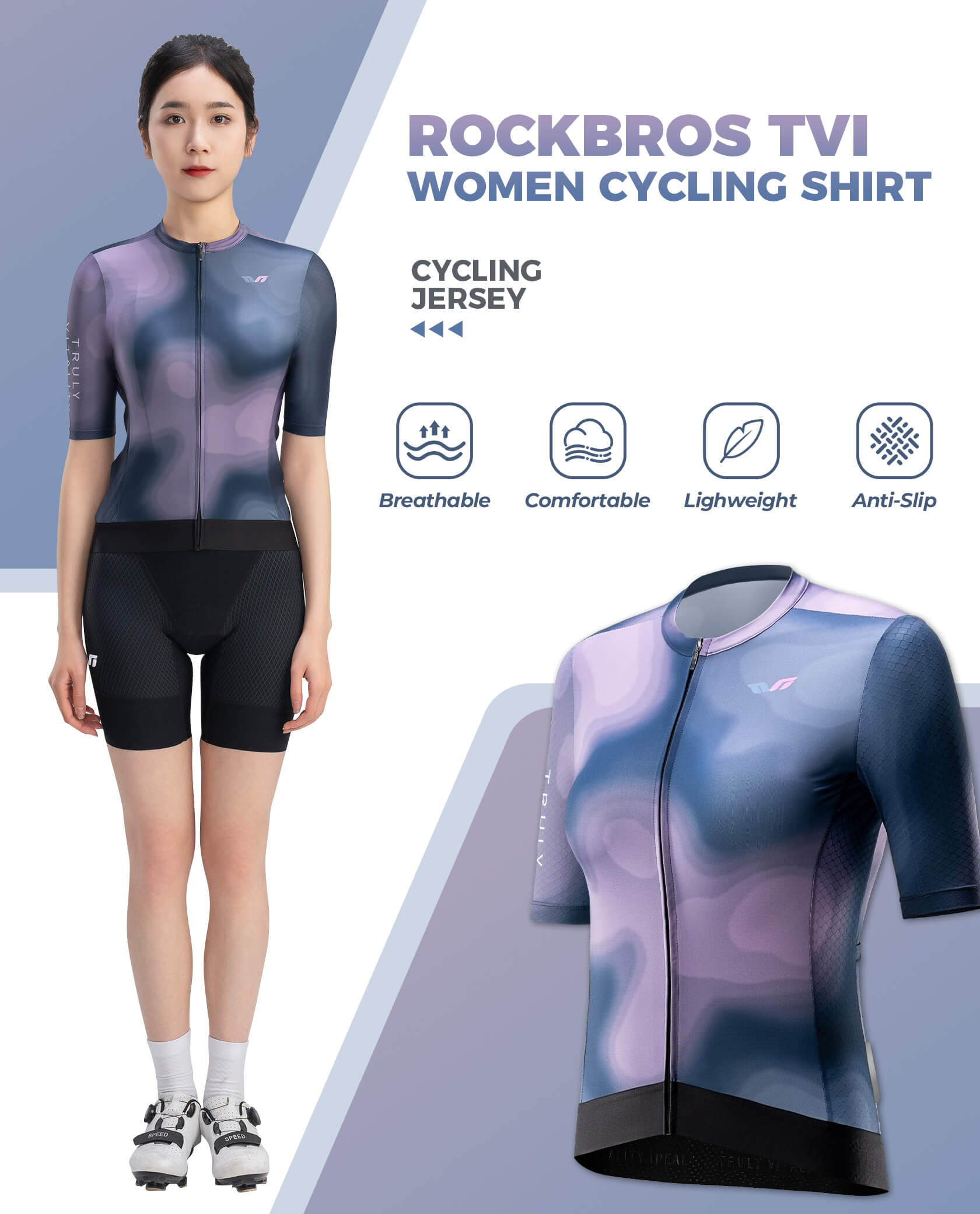 Woman wearing a Rockbros TVI women's cycling shirt with product details on a light blue background