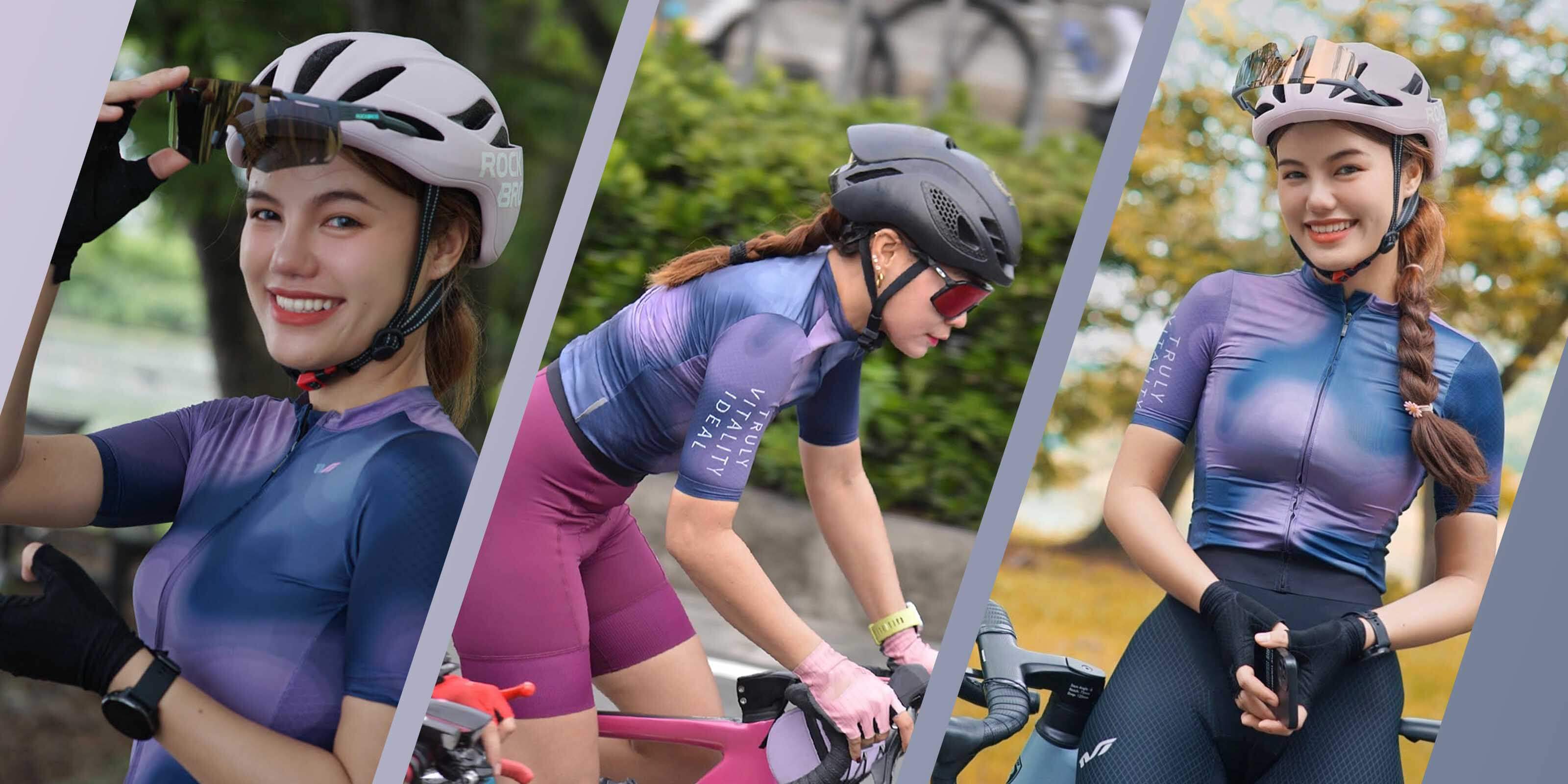 Woman in cycling gear taking a selfie outdoors.