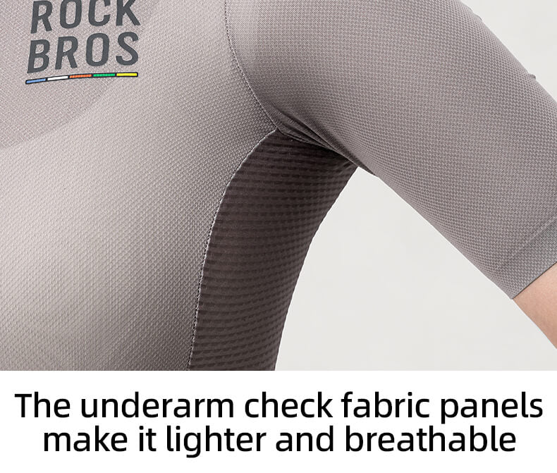 cycling jersey with 'ROCKBROS' branding and text about underarm check fabric panels.