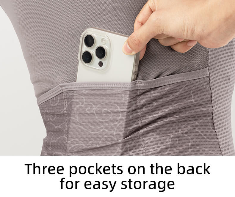 Person placing a phone into a pocket on a gray garment with text 'Three pockets on the back for easy storage'.