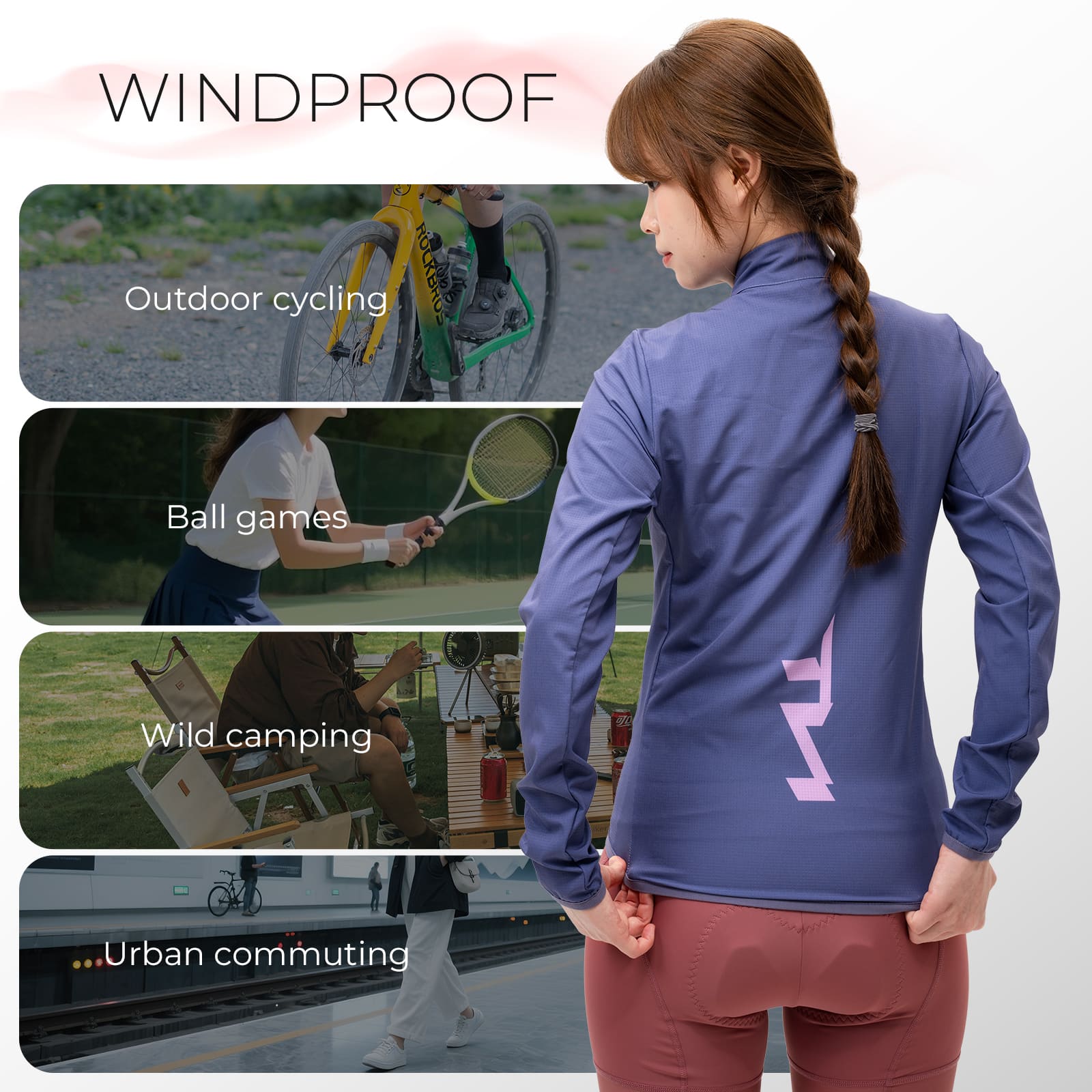ROCKBROS Women's TVI Cycling Windbreaker Jacket worn during cycling, running, and outdoor activities, showcasing versatile use