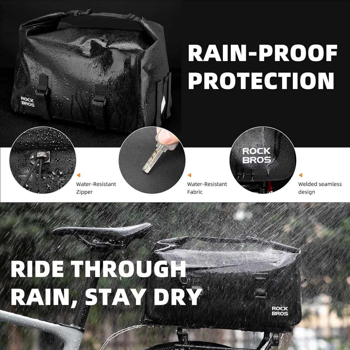 Waterproof bike rack bag protecting belongings during rainy rides