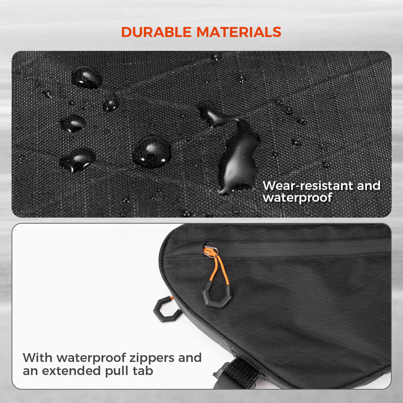 Water-resistant ripstop nylon bike down tube bag with weatherproof zippers handling rain and dust on rough terrain.